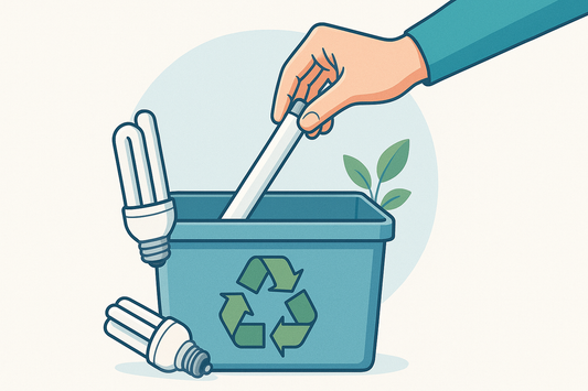 Hand entsorgt Leuchtstoffröhre in speziellen Recyclingbehälter mit Recycling-Symbol - fachgerechte Entsorgung von Leuchtstofflampen für den Umweltschutz und zur Vermeidung von Quecksilberbelastung